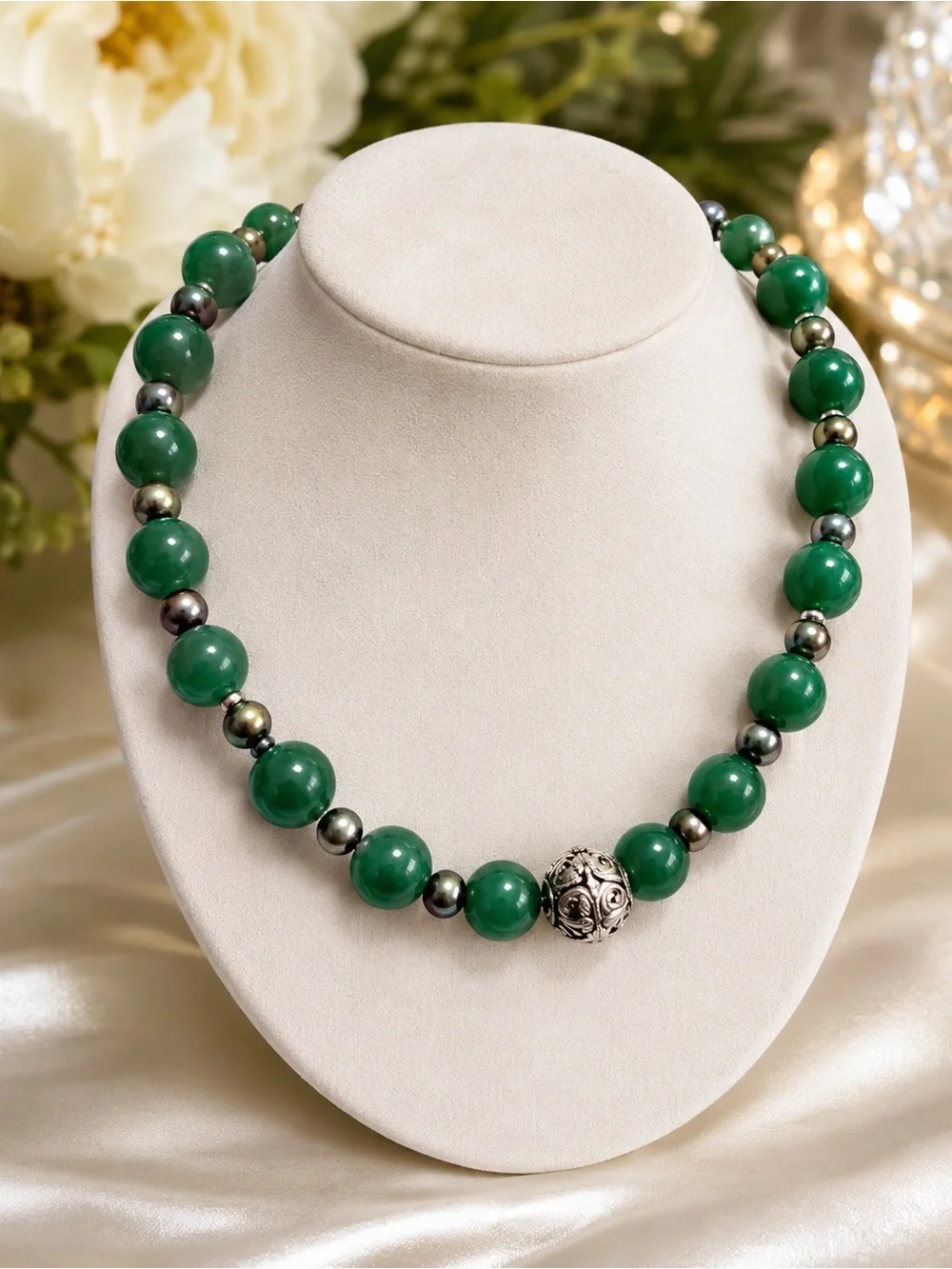 Genuine Jade & Peacock Pearl Necklace 925 Sterling Silver Clasp 18”
